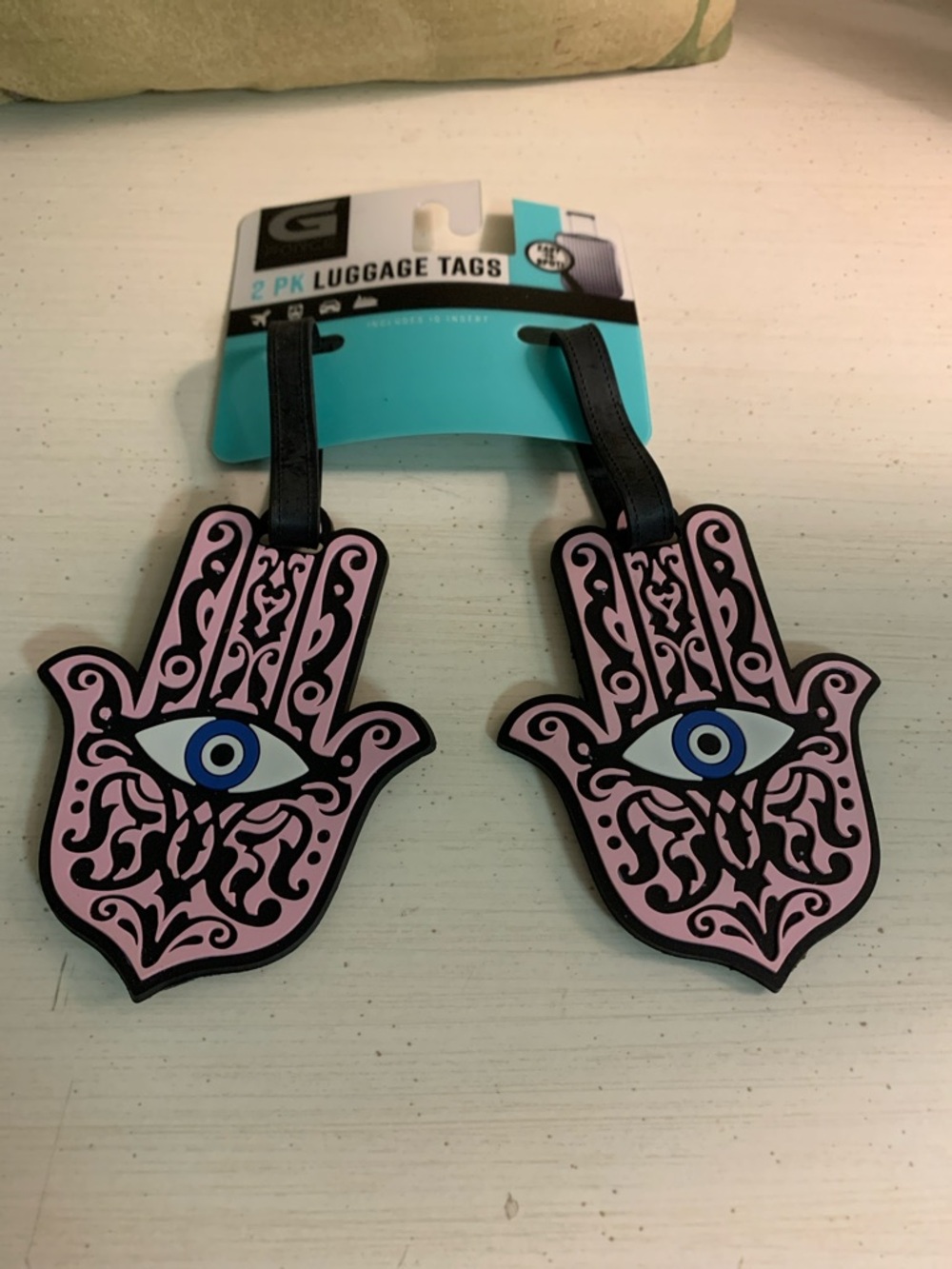 G-Force Hamsa Hand Luggage Tags in Pink with Evil Eye - 2 Pack